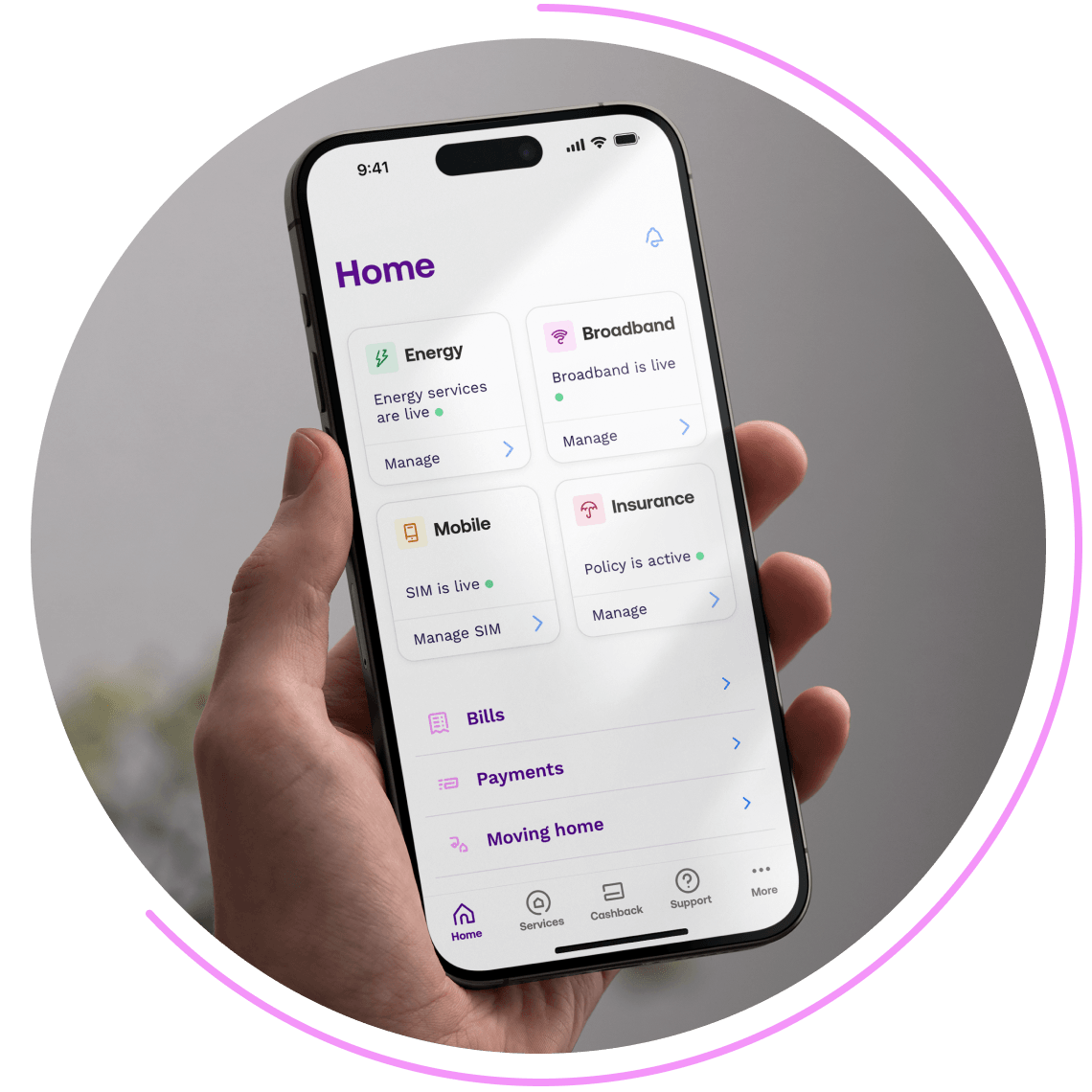 Visual representation of the UW customer mobile app interface, featuring tabs like Home, Services, Cashback, and Support at the bottom. Explore additional options under 'More,' including Bills, Moving Home, and Payments. The example image show the home screen with the tile interface being held in a hand.
