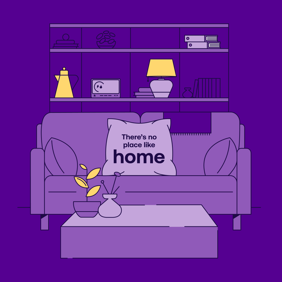 An image showing there is no place like home on a cushion and a homely living room