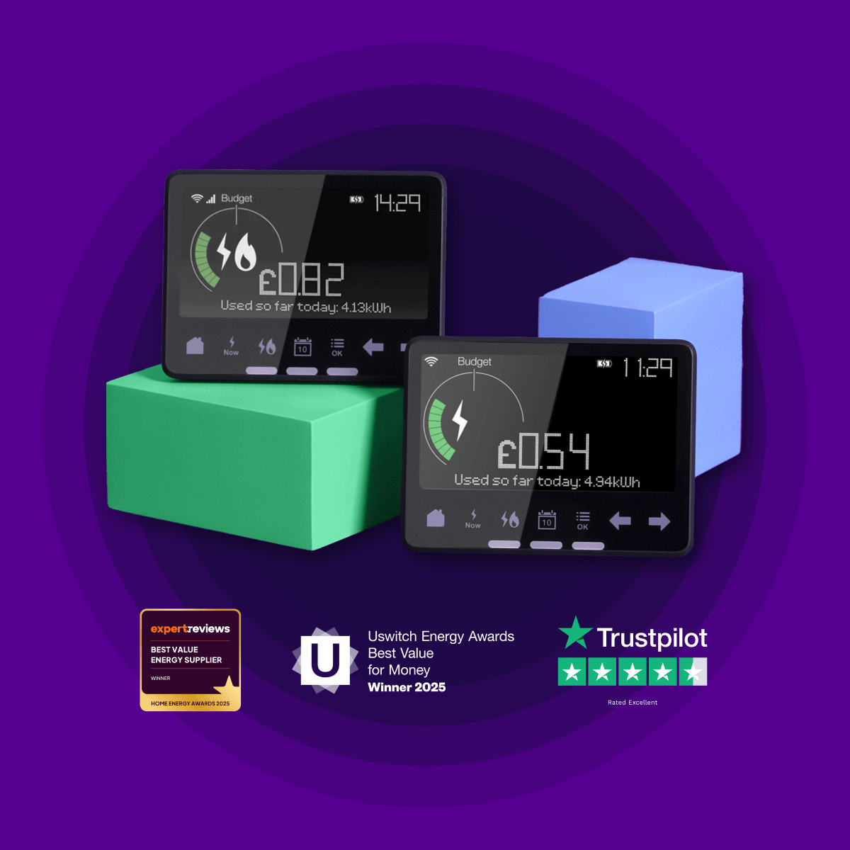 An image of utility warehouse smart meters including their energy award wins from Uswitch, Which? and their Trustpilot rating