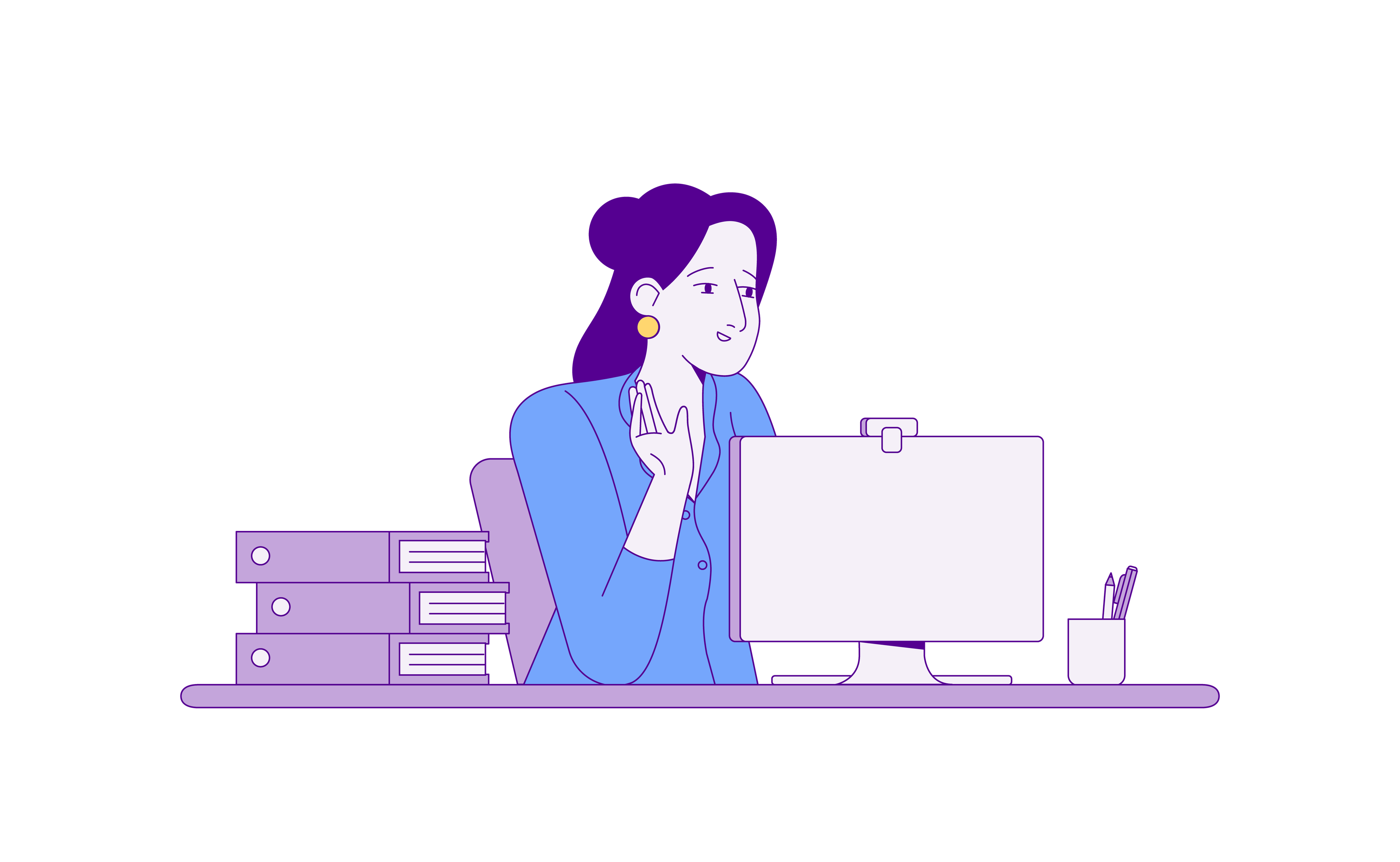 Woman waving during a video call, sitting at a desk with folders and a computer.