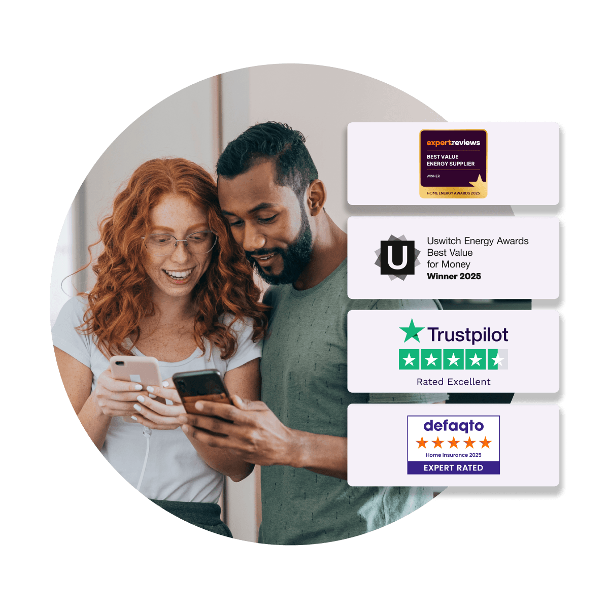 Image of a man and woman looking at their phone. It includes awards. Utility Warehouse have one, including a Which? logo, two Uswitch logos and their Trustpilot rating