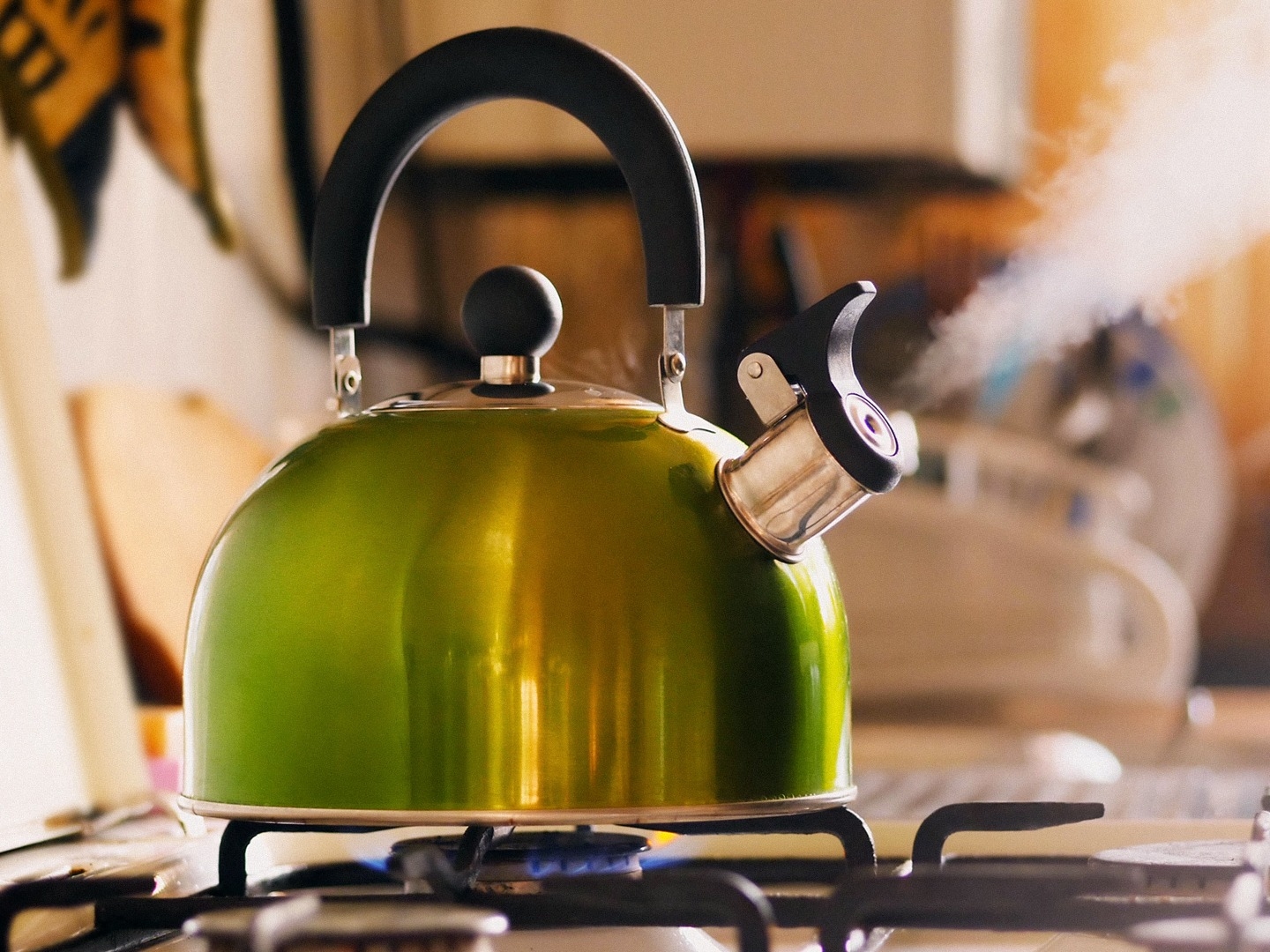 Boiling kettle on a gas hob representing everyday household energy use
