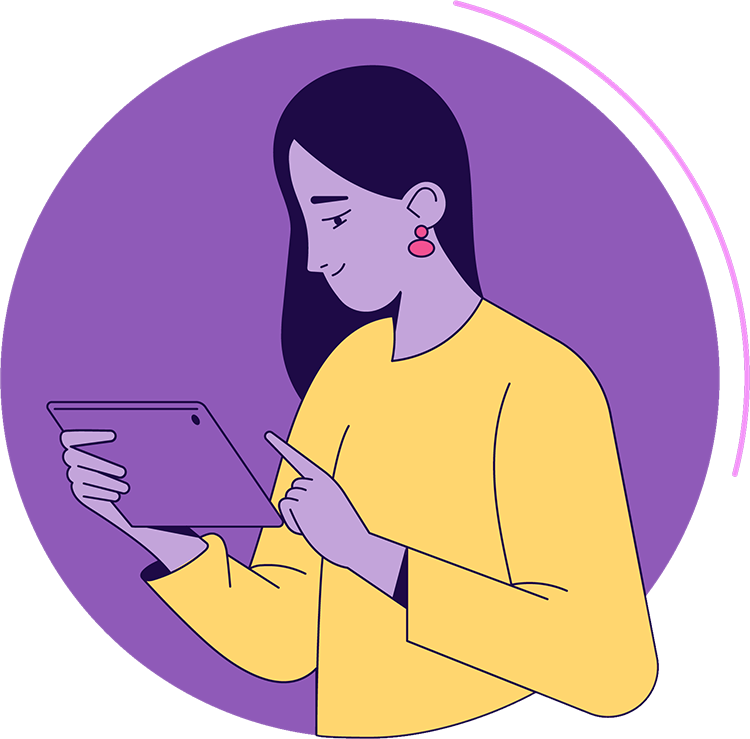 A woman smiling at her tablet